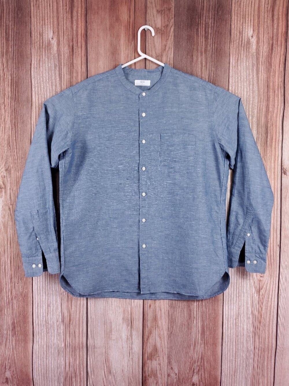 Uniqlo Mens XL Linen Cotton Stand Collar Shirt Blue Band Grandad Collar 414579